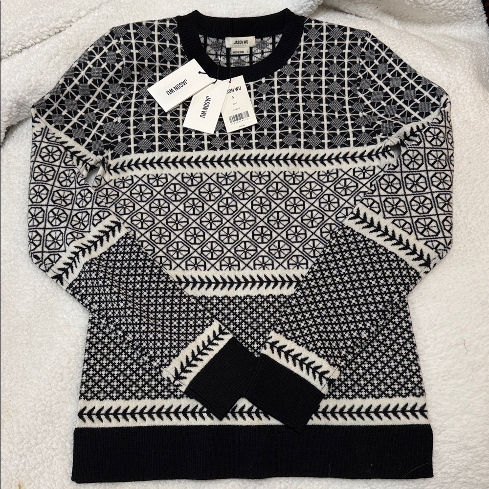 Jason Wu Merino Wool Black and Cream Geometric Sweater